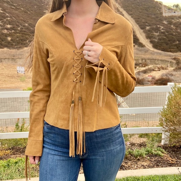 Vintage Paolo Santini 100% Suede Leather Lace Up Bohemian Long Sleeve Top - Picture 5 of 15